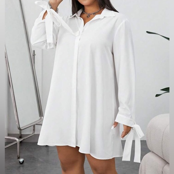 Classic elegant Plus Size Tie knot Long Sleeve Button Down Shirt Dress White - Picture 4 of 9